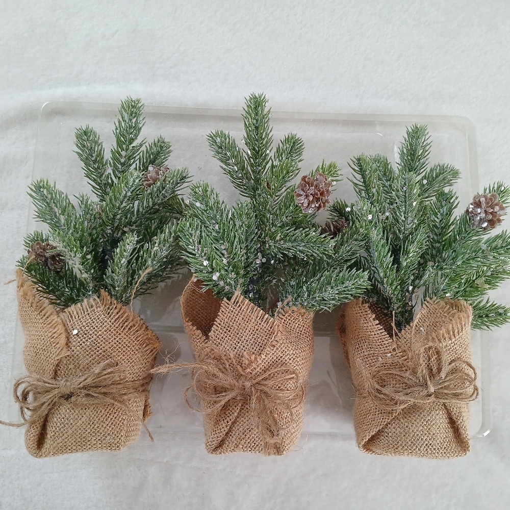 Holiday Time Mini Christmas Floked Tree Set Of 3 Burlap-Wrapped with Pinecones